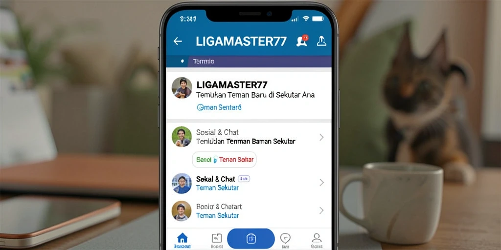 Tampilan antarmuka pengguna LIGAMASTER77 untuk menemukan teman sekitar.